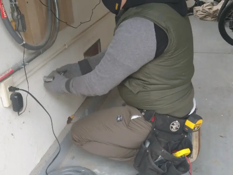 Electrician performing outlet wiring in a Palmyra garage